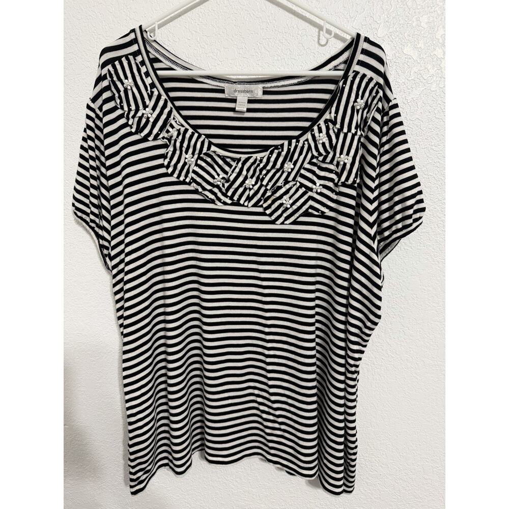 Dressbarn Women’s Plus Size 22/24 Black White Striped Short Sleeve Beaded Blouse